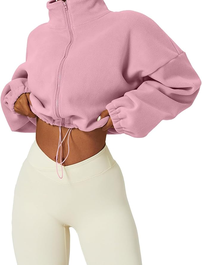 QINSEN Women's Full Zip Fleece Short Jacket Warm Winter Long Sleeve Stand Collar Sherpa Crop Coat