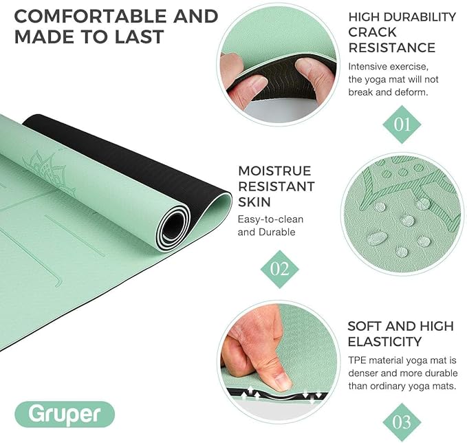 Gruper Yoga Mat Non Slip TPE Extra Wide Yoga Mat with Alignment Mark, 72"L x 32"W x 0.32"/0.24"Th (183cm x 80cm x 8mm/6mm), Anti-Tear Exercise Mat with Carrying Strap and Bag, Workout Mats for Yoga, Pilates