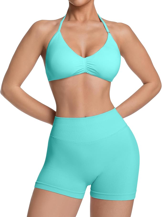 Comper 2 Piece Workout Sets for Women Halter Strappy Sports Bra with Seamless Ribbed Gym Yoga shorts Outfits