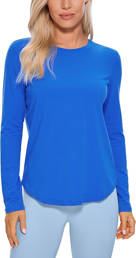 CRZ YOGA Pima Cotton Crewneck Long Sleeve Shirts for Women - Workout Athletic Yoga Casual Tops Soft Plain T-Shirt