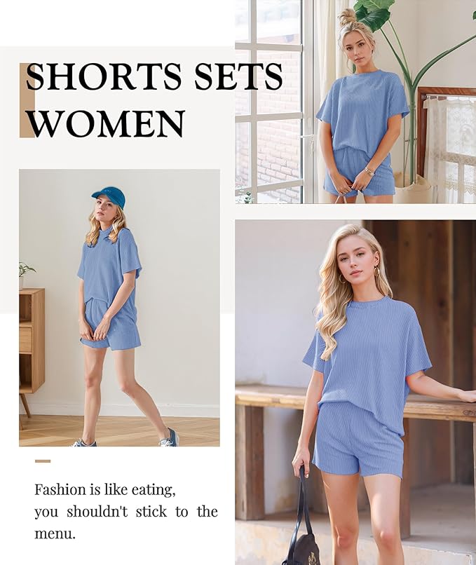 MARZXIN Women 2 Piece Shorts Set 2026 Casual Summer Cruise Outfits Ribbed Loose Short Sleeve Pocket Matching Lounge Sets