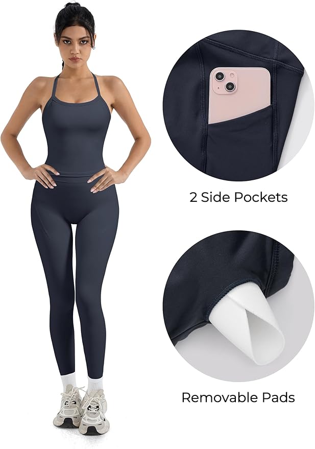 SUUKSESS Women 2 Piece Workout Sets Compression Tummy Control Leggings with Pockets Halter Built in Bra Tank Tops