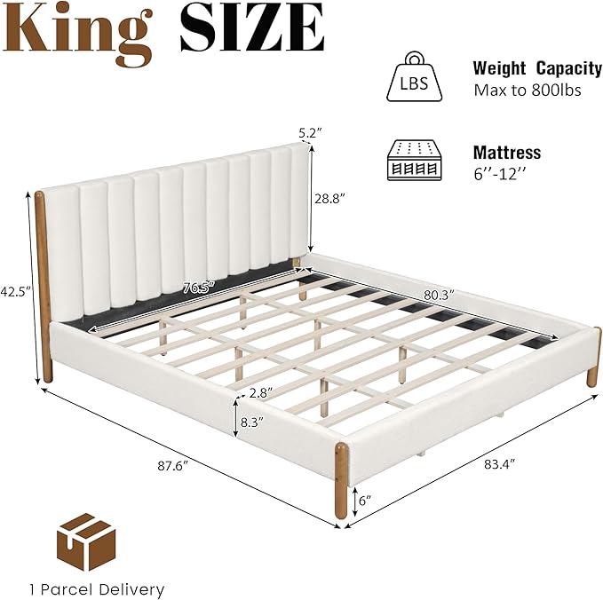 King Size Bed Frame with Boucle Upholstered Headboard, Solid Rubberwood Legs & Vertical Striped Design, Sturdy Wood Slat Support Boucle Bed Frame, No Box Spring Needed, White