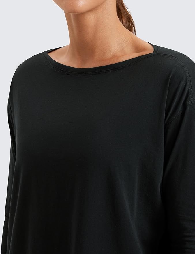 CRZ YOGA Pima Cotton Boat Neck Long Sleeve Shirts for Women - Workout Athletic Yoga Casual Tops Loose Fit Fall T-Shirts