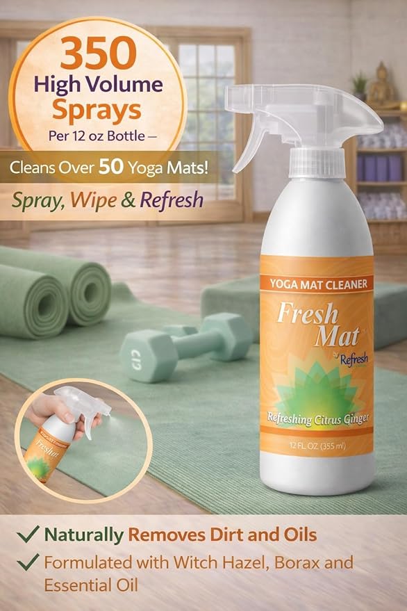 Fresh Mat Yoga Mat Cleaner Spray - Natural Deodorizing Cleaner for Yoga Mats & Fitness Equipment - No-Rinse, Residue-Free Formula with Witch Hazel & Essential Oil, Refreshing Citrus Ginger (12 fl oz).