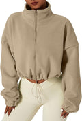 QINSEN Women's Full Zip Fleece Short Jacket Warm Winter Long Sleeve Stand Collar Sherpa Crop Coat