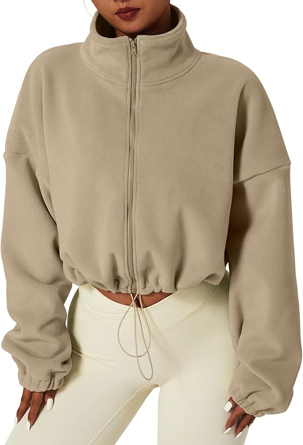 QINSEN Women's Full Zip Fleece Short Jacket Warm Winter Long Sleeve Stand Collar Sherpa Crop Coat