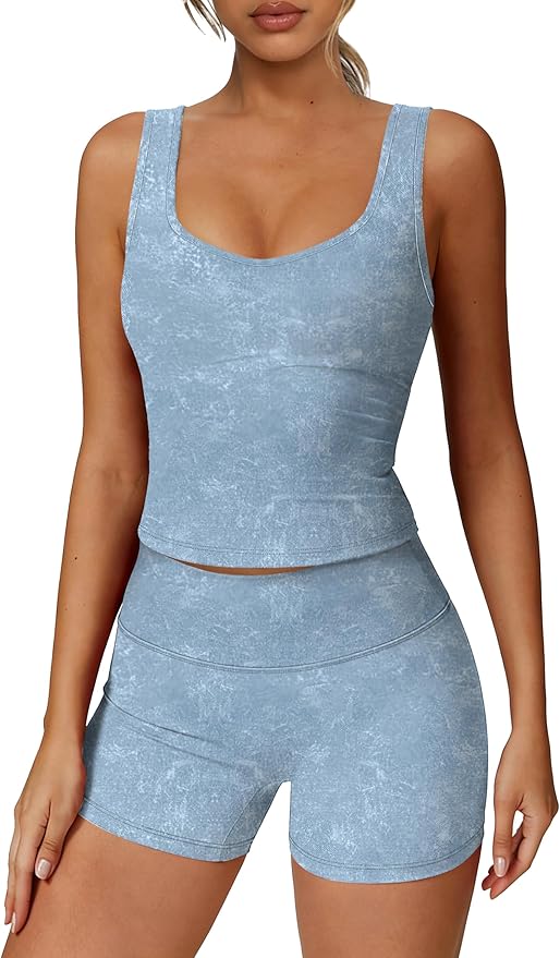Alaroo Workout Sets for Women 2 Piece U Neck Crop Tank Top High Waisted Shorts Athletic Gym Yoga Outfits Activewear