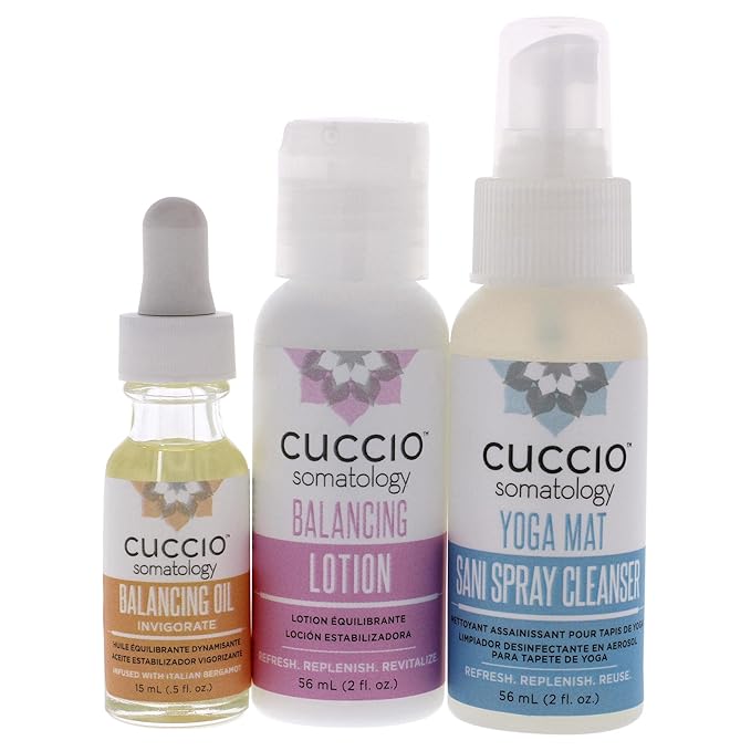 cuccio SOMATOLOGY Yoga Essentials Kit - All-In-One Calming, Hydrating, Cleansing Ritual - Energizing Bergamot Orange Oil - Balancing Chamomile Lotion - Yoga Mat Sani Spray Cleanser - 3 Pieces,16 Ounce