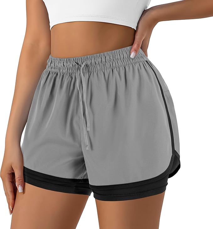 Yevrimow Women's 2 in 1 Running Shorts for Gym Yoga Workout Athletic Shorts High-Waisted Shorts with Liner Pockets