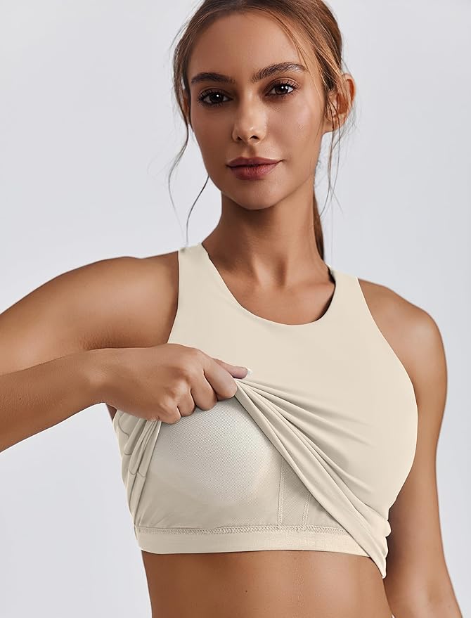 PINSPARK Women Sports Bra High Neck Racerback Workout Crop Tank Top Longline Padded Yoga Tops with Built in Pads