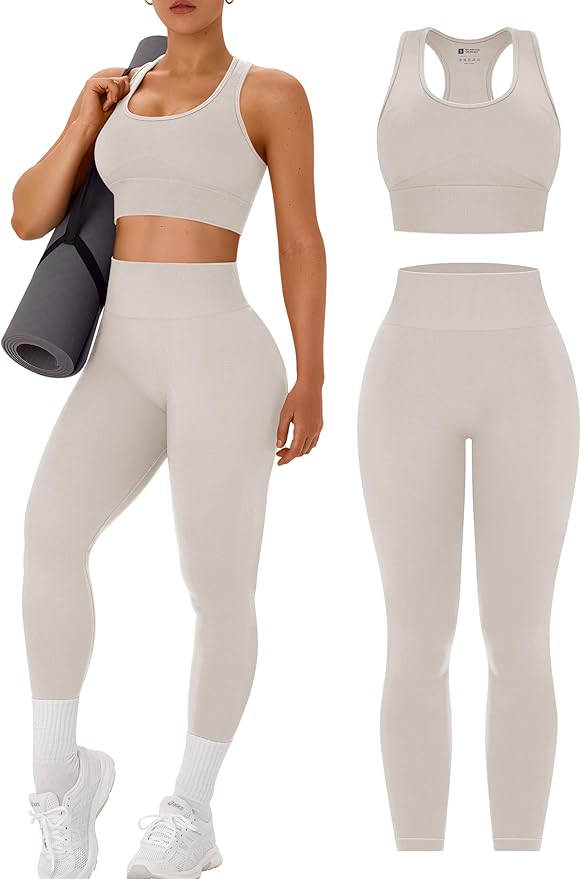 OLCHEE Womens Workout Sets 2 Piece - Acid Wash Seamless Yoga Outfits High Waist Leggings Padded Racerback Sports Bra Gym Set