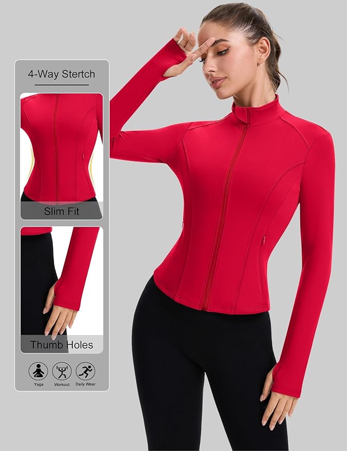 ZHENWEI Workout Jackets for Women Full Zip Up Cropped Athletic Long Sleeve Lightweight Slim Fit Running Tops with Pockets