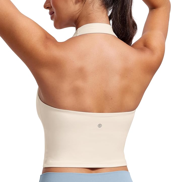 CRZ YOGA Butterluxe Halter Crop Tank Tops for Women - Open Back Padded Longline Sports Bras Workout Gym