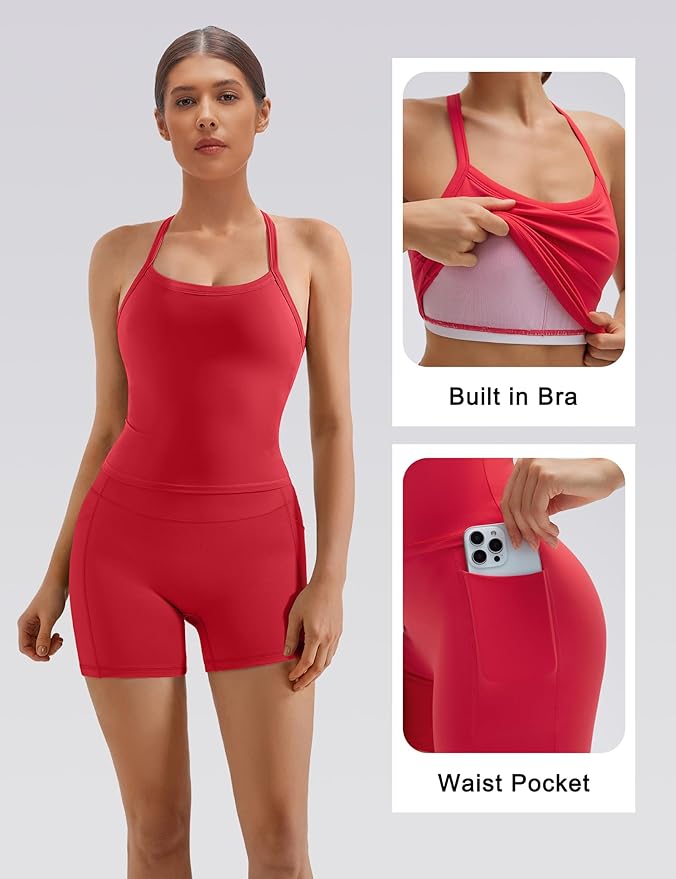 SUUKSESS Women 2 Piece Workout Sets High Waisted Biker Shorts with Pockets Built in bra Racerback Tank Tops