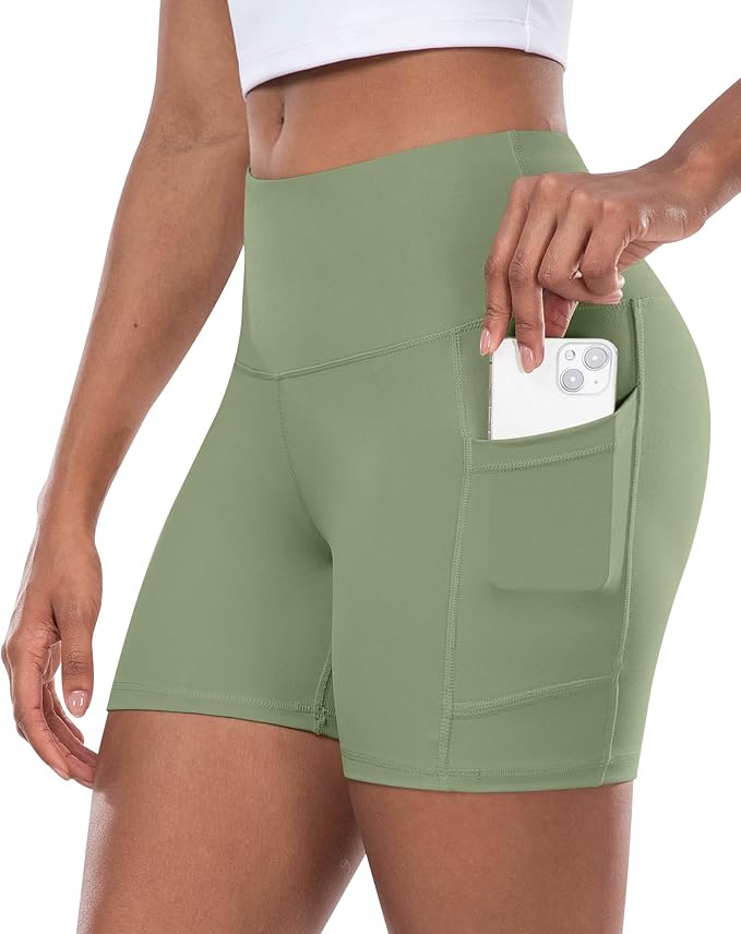 CHRLEISURE Womens Biker Yoga Shorts with Pocket, High Waisted Tummy Control 5 Inch Workout Spandex Athletic Gym Shorts