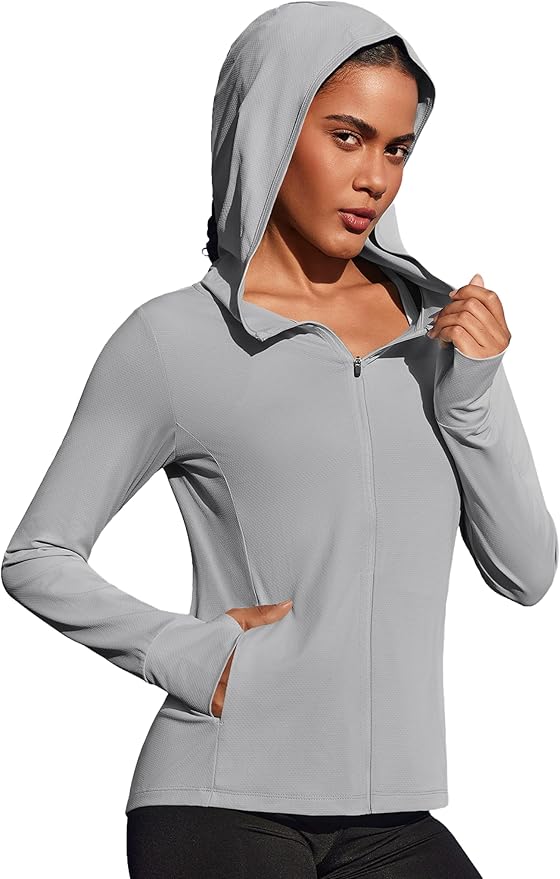 PINSPARK Women's UPF 50+ Sun Protection Hoodie Jacket Lightweight Full Zip Athletic Jacket Long Sleeve Shirt with Pockets