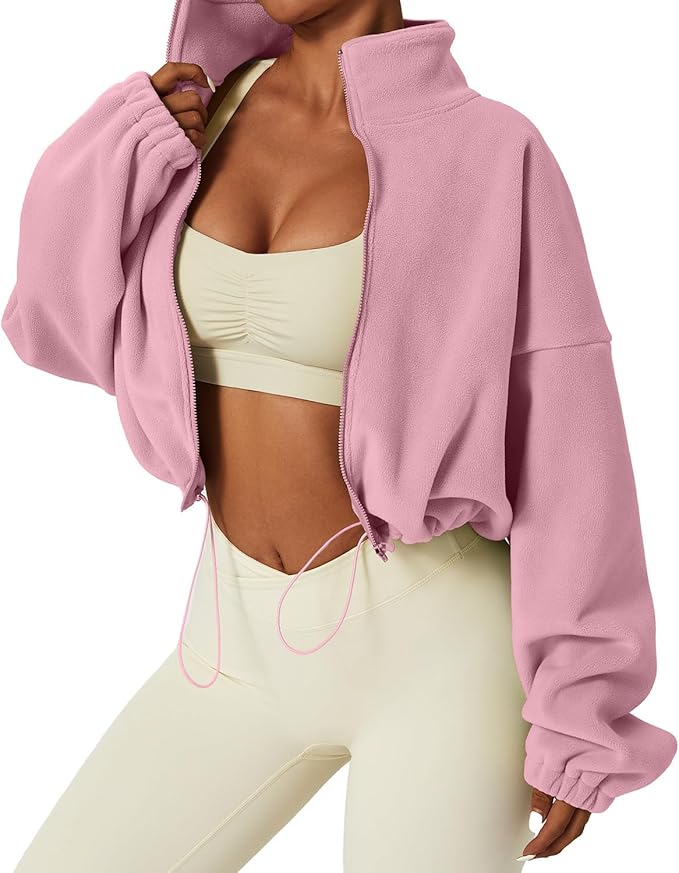 QINSEN Women's Full Zip Fleece Short Jacket Warm Winter Long Sleeve Stand Collar Sherpa Crop Coat
