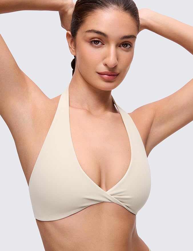 CRZ YOGA Butterluxe Double Lined Twist Halter Sports Bras for Women - Deep V Neck Crop Top Casual Open Back Non Padded