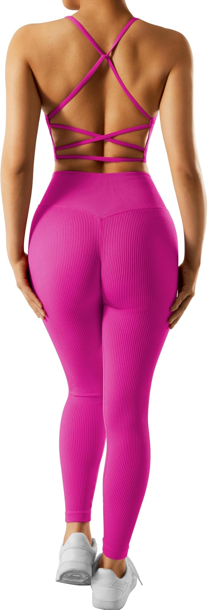 RXRXCOCO Ribbed Workout Sets for Women 2 Piece Backless Strappy Sports Bra Seamless Leggings Matching Set Yoga Outfits