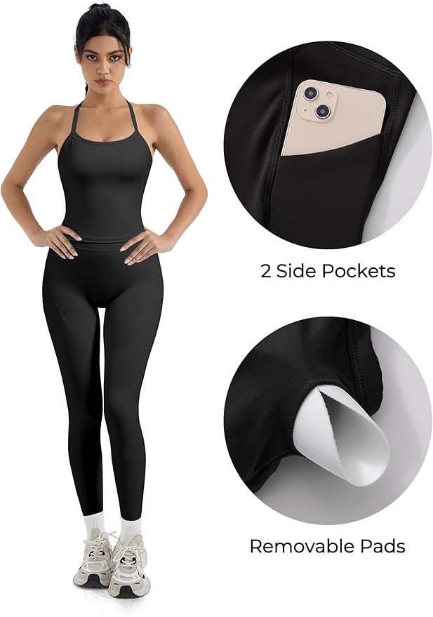SUUKSESS Women 2 Piece Workout Sets Compression Tummy Control Leggings with Pockets Halter Built in Bra Tank Tops