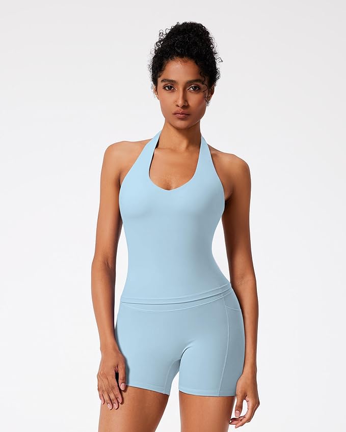 RXRXCOCO Halter Workout Sets for Women 2 Piece V Neck Tank Tops Hidden Scrunch Booty Shorts Gym Outfits with Pockets