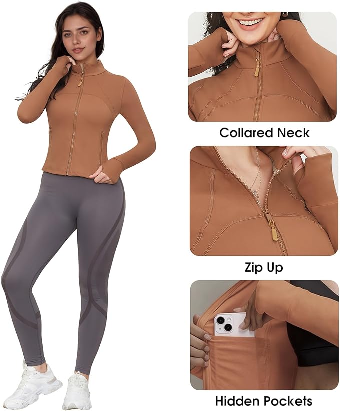 Workout Jackets for Women: Athletic Gym Running Cropped Zip Up Tops with Thumb Holes Slim Fit Lightweight Sportswear