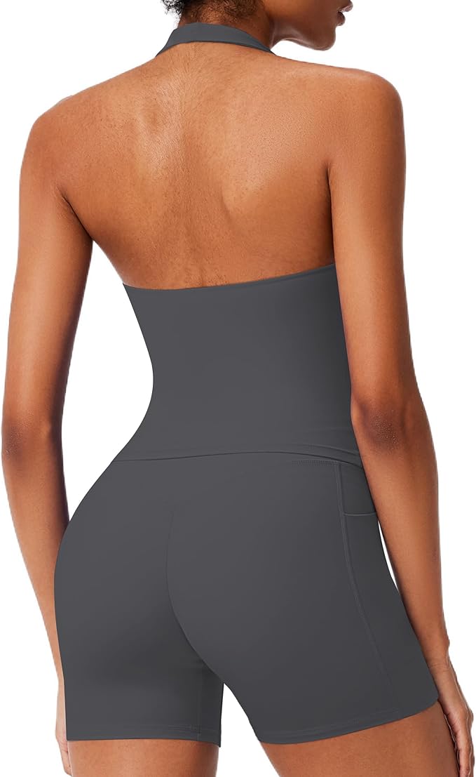 RXRXCOCO Halter Workout Sets for Women 2 Piece V Neck Tank Tops Hidden Scrunch Booty Shorts Gym Outfits with Pockets