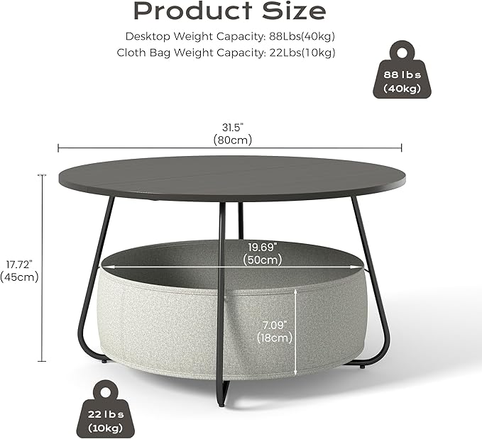 Manora Small Round Coffee Table for Living Room, Modern Center Table with Fabric Basket Storage, Cute Circle Table for Small Spaces, Metal Frame, Espresso