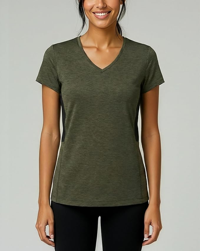 Real Essentials 5 Pack: Women's Dry-Fit Short Sleeve V Neck T Shirt Workout Fitness Yoga Top Tee (Available in Plus Size)