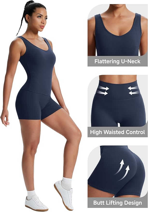 Alaroo Workout Sets for Women 2 Piece U Neck Crop Tank Top High Waisted Shorts Athletic Gym Yoga Outfits Activewear