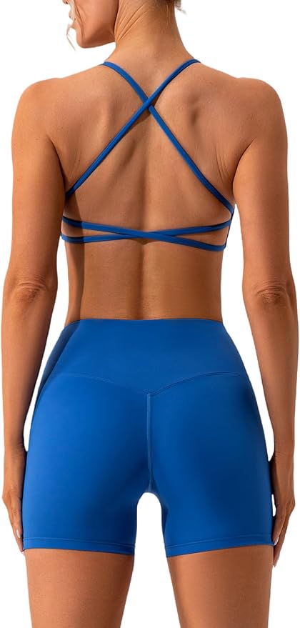 ABOCIW Workout Sets for Women 2 Piece Twist Front Halter Sports Bras High Waist Biker Shorts Exercise Gym Yoga Outfit