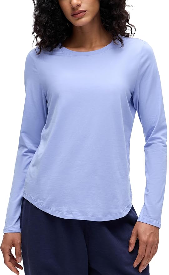 CRZ YOGA Pima Cotton Crewneck Long Sleeve Shirts for Women - Workout Athletic Yoga Casual Tops Soft Plain T-Shirt