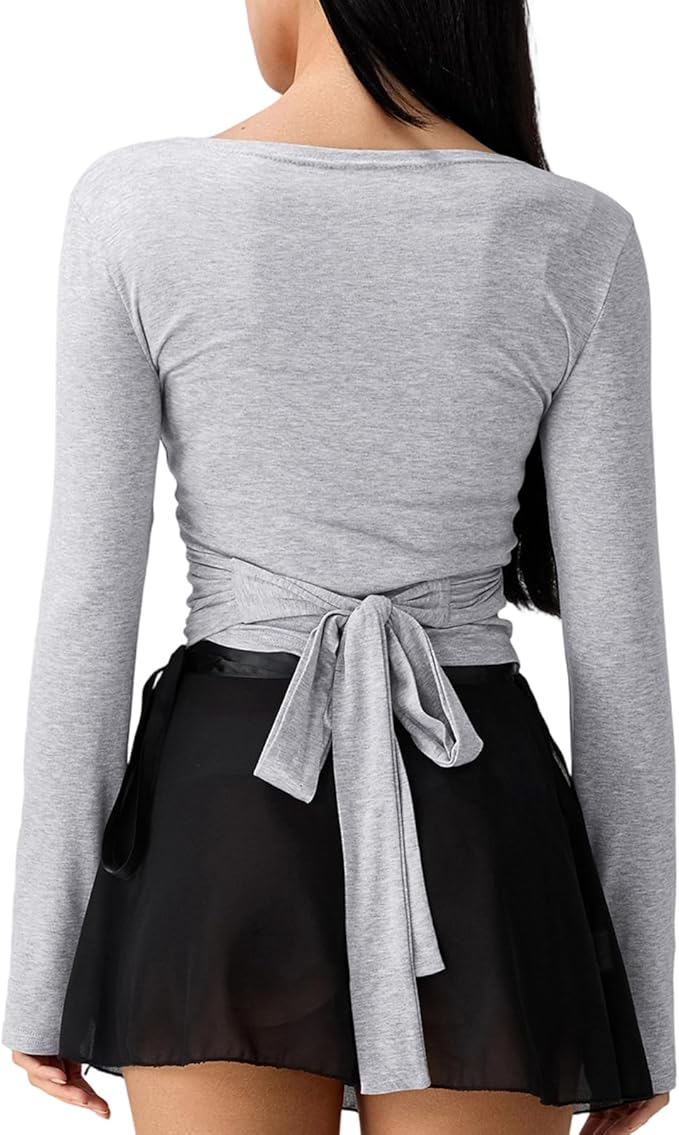 Women Wrap Top Thumb Hole Long Sleeve Self Tie Workout Shirt Pilates Ballet Yoga Tops