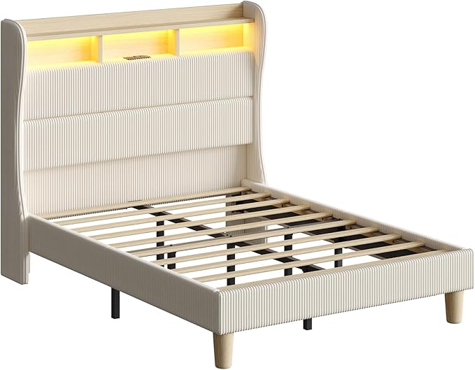 Bestier Queen Size Upholstered Wingback Bed Frame with 51” High Headboard Corduroy Fabric RGB LED Lights, Charging Station Dual Storage Shelves Modern Off White Platform Bed No Box Spring Needed