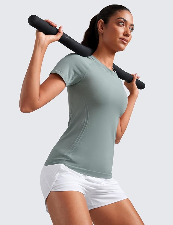 CRZ YOGA Seamless Workout Tops for Women Hip Length - Athletic Running Gym Yoga Short Sleeve Shirts Breathable Crewneck Tees