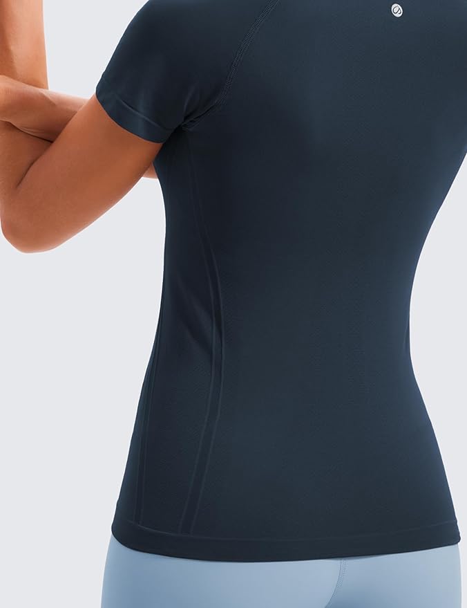 CRZ YOGA Seamless Workout Tops for Women Hip Length - Athletic Running Gym Yoga Short Sleeve Shirts Breathable Crewneck Tees