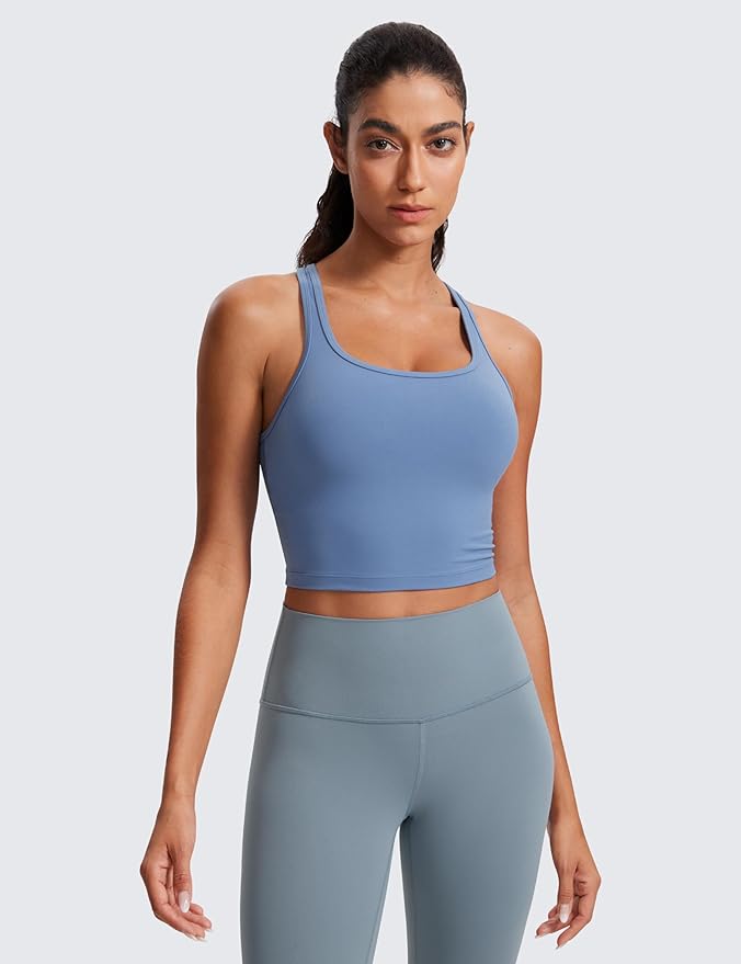 CRZ YOGA Butterluxe Racerback Crop Tank Tops for Women - Padded Y-Back Longline Sports Bras Scoop Neck Workout Yoga