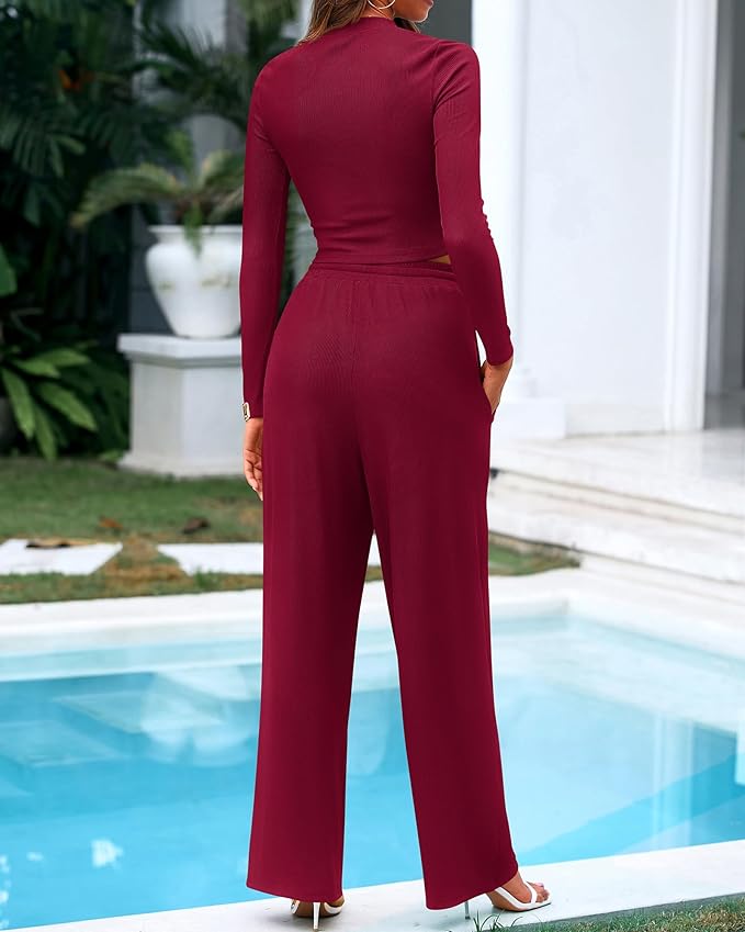 BTFBM Casual 2 Piece Sets For Women Fall Outfits 2026 Ribbed Spring Long Sleeve Crop Top Wide Leg Pants Matching Lounge Set