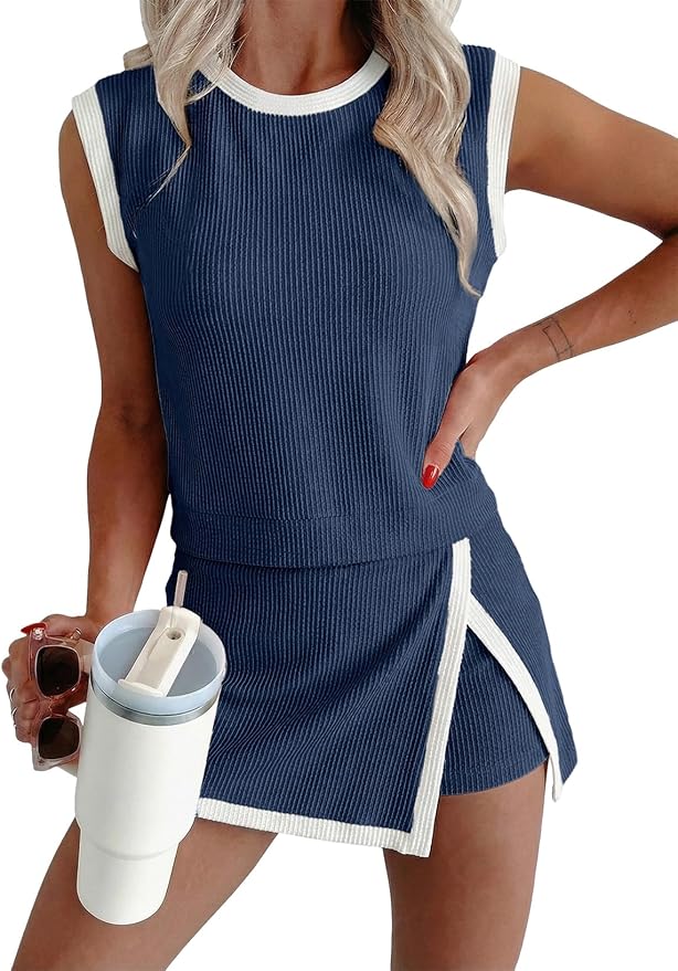EVALESS 2 Piece Sets for Women Summer Outfits Ribbed Knit Tank Top and Split Lined Skirt Two Pieces Lounge Matching Set