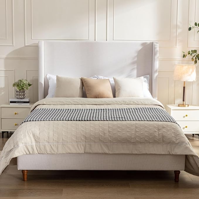 Upholstered Bed Frame Queen Size, 54" Tall Headboard Wingback Upholstered Platform Bed Frame for Bedroom Strong Wood Slats Support/No Box Spring Needed/Easy Assembly, Ivory Chenille