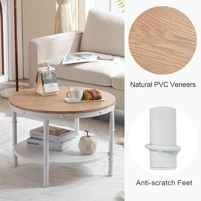 VINGLI 25.6" Natural White Round Farmhouse Coffee Table, 2-Tier Storage Wood Center Circle Accent Table for Living Room, Bedroom, Apartment, Studio and Small Spaces, Sturdy Metal Frame, Natural Color