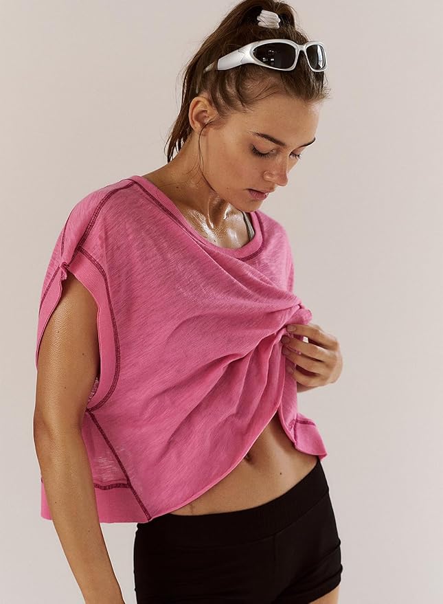 Kumufenc Women Short Sleeve Workout Shirts Open Back Tops Casual Yoga Y2k Athletic Gym Slouchy Crop Running Tees