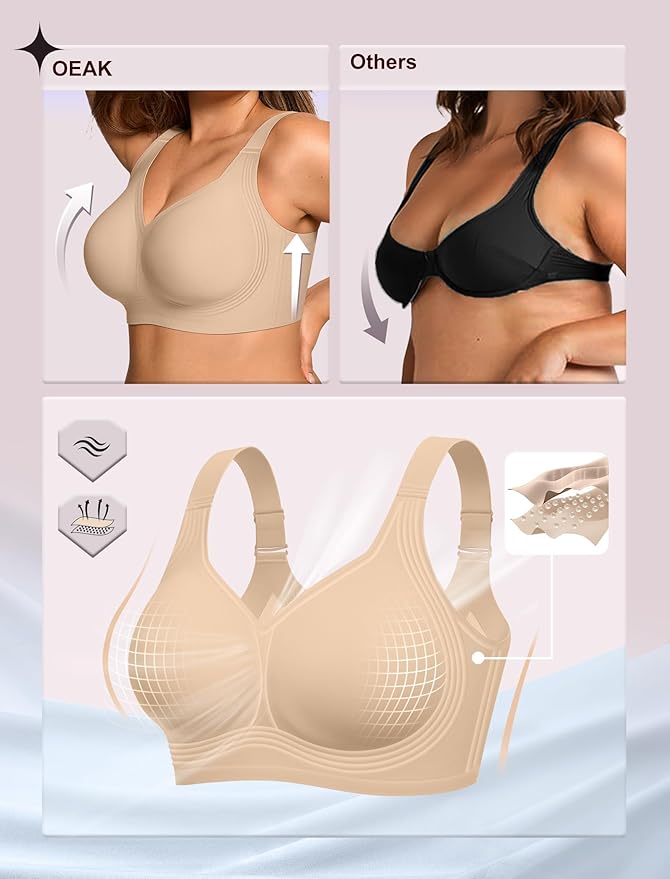 OEAK Womens Wireless Jelly Bra Plus Size Supportive Seamless Bras Full Coverage Push Up Comfortable No Underwire Tshirt Bras