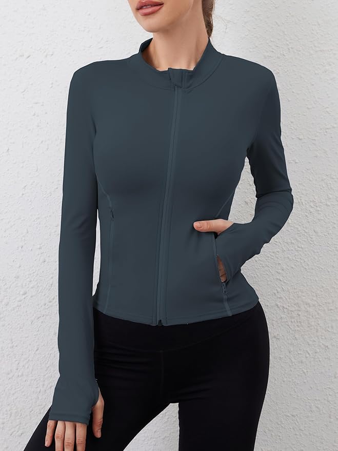 Women Built-In Pockets Athletic Jackets Slim Fit Full Zip up Workout Yoga Gym Jacket with Thumb Holes