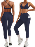 RXRXCOCO 2 Piece Workout Sets for Women Strappy Sports Bra Booty Leggings with Pockets Yoga Gym Outfits