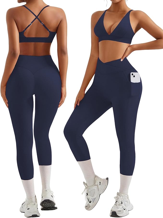 RXRXCOCO 2 Piece Workout Sets for Women Strappy Sports Bra Booty Leggings with Pockets Yoga Gym Outfits