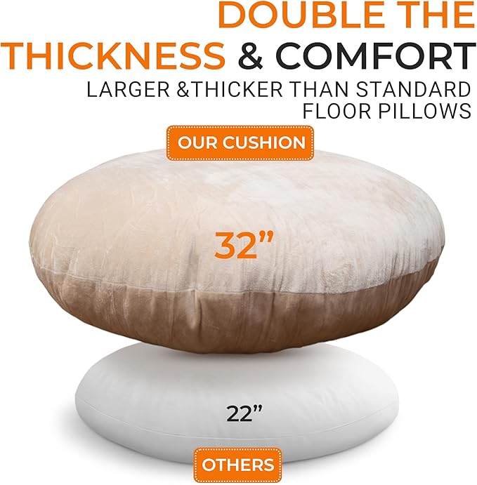 Cheer Collection Extra Large Floor Pillow, 32" Round Meditation Cushion, Oversized Yoga Pillow & Floor Cushions for Adults, Floor Pillows for Sitting, Meditation, and Seat Cushion - Taupe