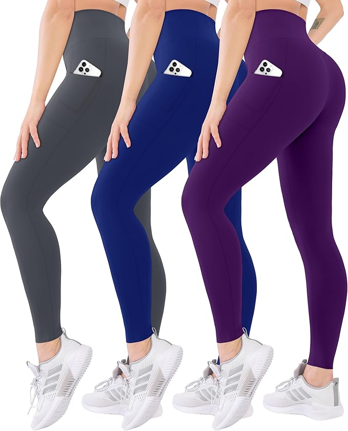 Blisset 3 Pack High Waisted Leggings for Women with Pockets Soft Active Tummy Control Pants for Yoga Running & Daily Wear