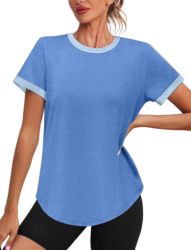 Womens Workout Tops Summer Short Sleeve Shirts Athletic Color Block Gym Clothes Outfits Sun Protection UPF 50+ T Shirts